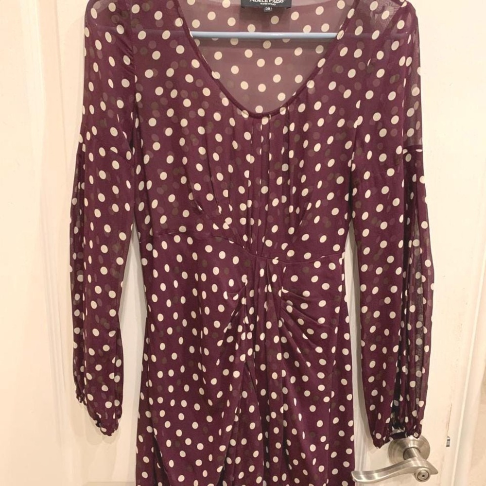 Adele Fado Dress Made in Italy Burgundy and‎ White Polka Dot Sheer Sz 38 (US 8)